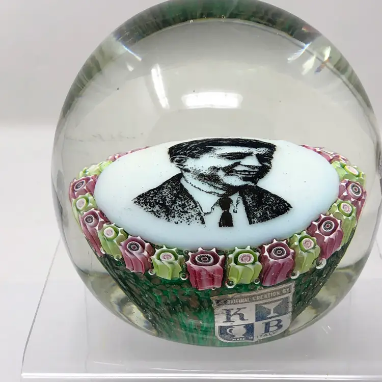 John F. Kennedy Sulphide Murano Paperweight with Pink and Green Millefiori and KB Label