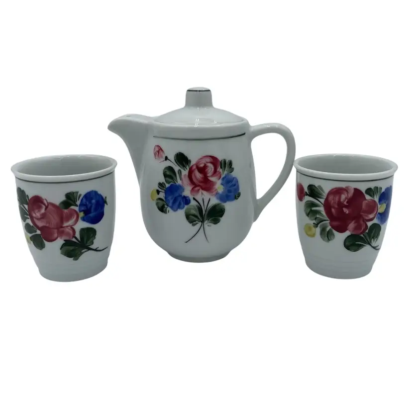 Vintage Lilien Porzellan (Austria) Mini-Tea Pot and 2 Cups, Hand-painted Alpenflora