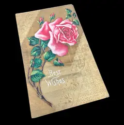 “Best Wishes” Large Pink Rose Gilded Background Antique Postcard, Unused