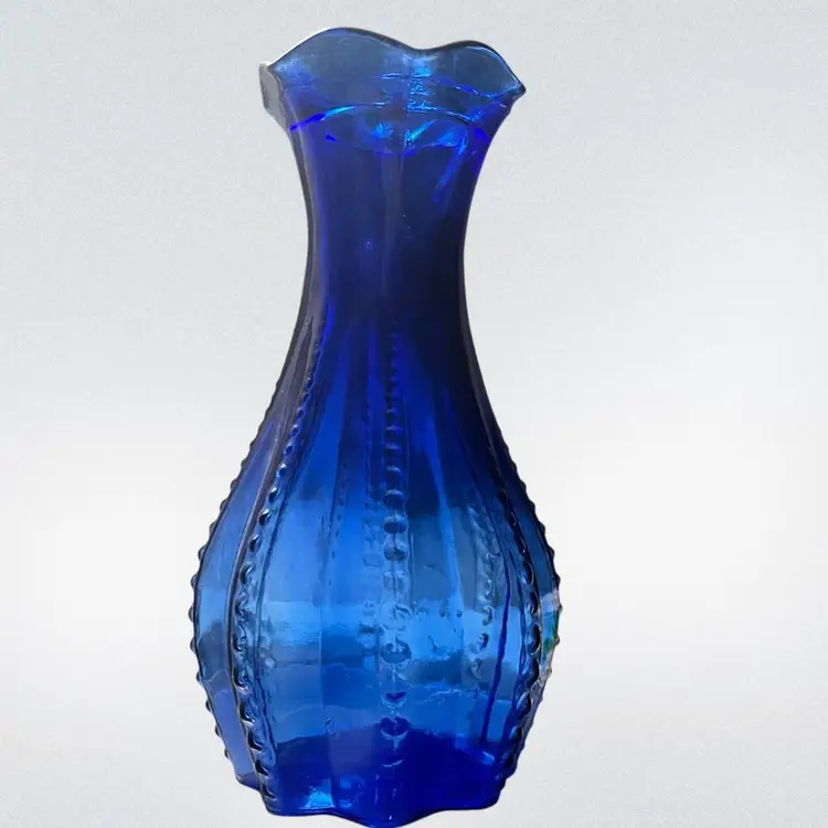 Indiana Glass- Cobalt Blue - Beaded Panel Vintage Vase – Ruffled Rim – 7” – USA