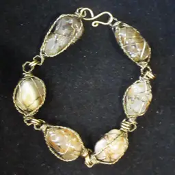 Vintage Gold Tone Wire Wrapped Quartz/Agate Stone Bracelet BOHO - 8.5 Inches, Hook Closure