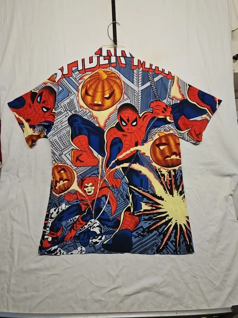 Spiderman Shirt Med VTG  Total Shirt Print Double Side 2000 Y2K Marvel Hawaiian