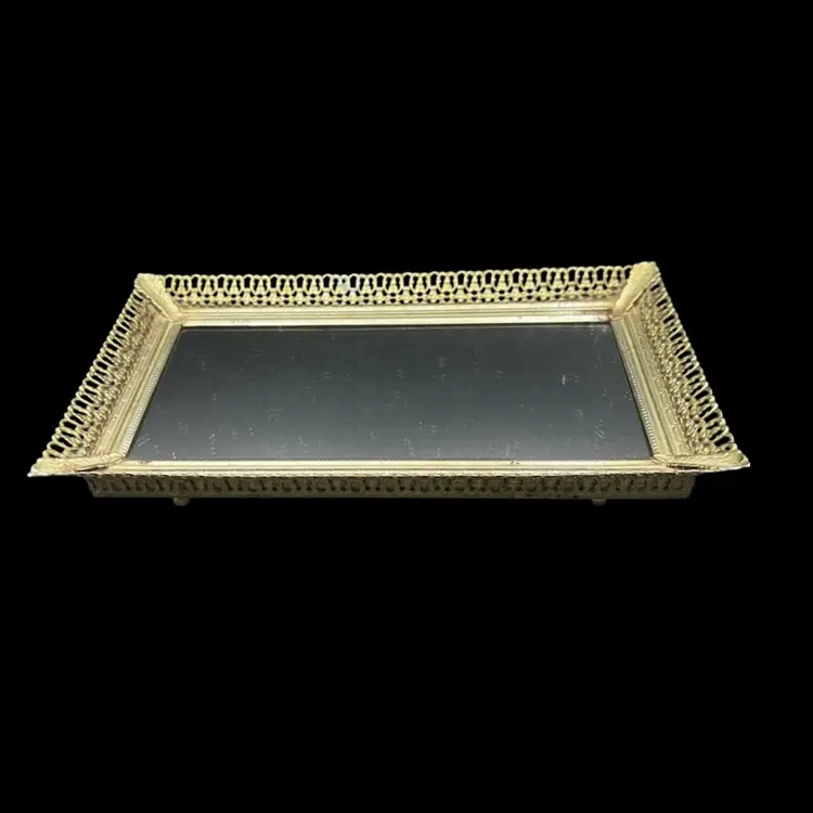 #340B Vintage Small Gold-Tone Ornate Metal Filigree Mirrored Vanity Tray With Ball Feet. 9” X 6”