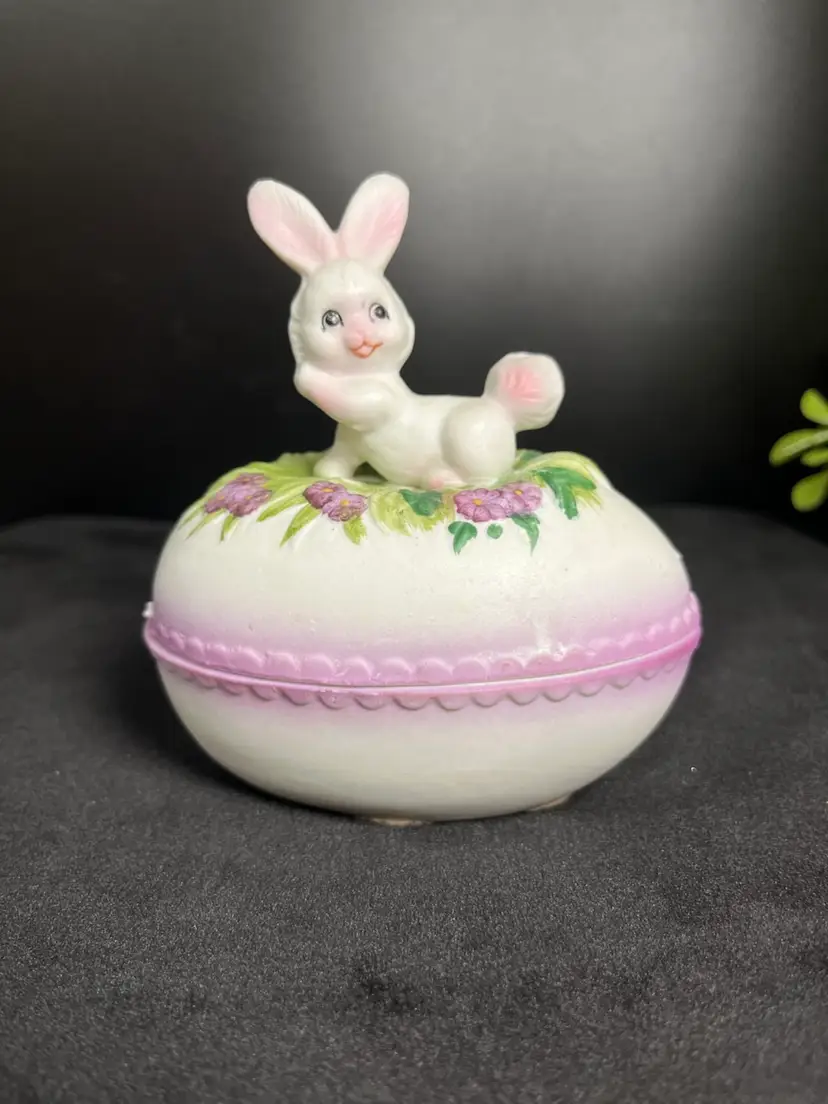 Porcelain Lavender, Green & White Bunny on an Egg Trinket Box