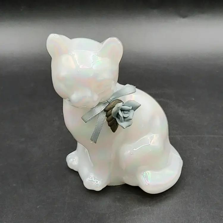 Fenton Pearl Iridescent Opalescent Cat with Blue Porcelain Rose and Ribbon