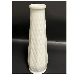 E.O. Brody Diamond Quilted Milk Glass Bud Vase Vintage ~ Marked -8.5”