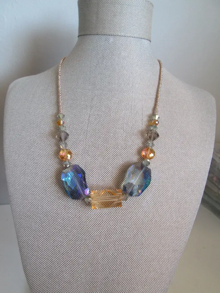 Fire Polished Blue Faceted Czech Glass Beaded Necklace with gold accents