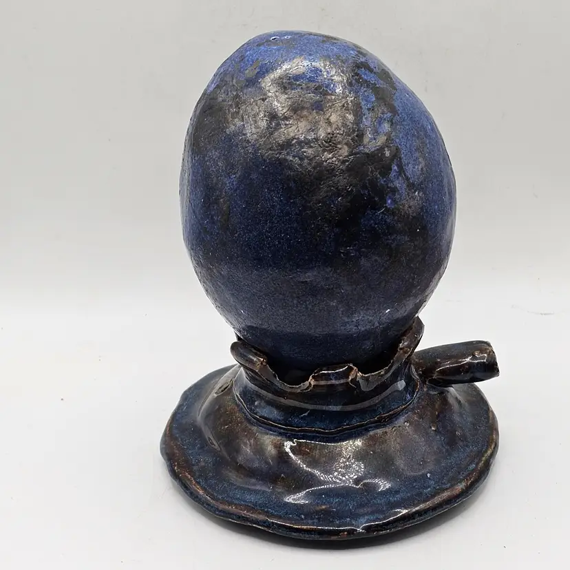 Studio Art Pottery egg on whistle Holder Signed Ralph Vintage Blue