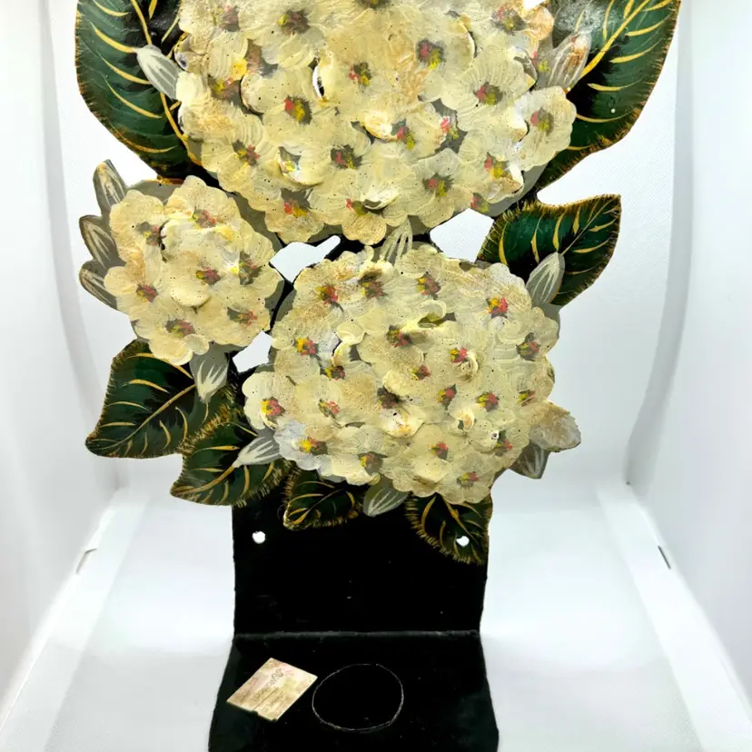Vintage White Hydrangea Metal Candle Holder, Made In Haiti, Unbranded