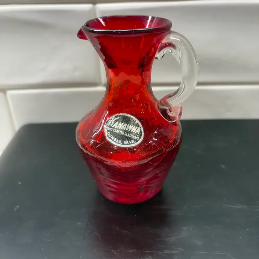Vintage Kanawha Hand Blown Ruby Red Crackle Glass Small Pitcher 5 Inches tall