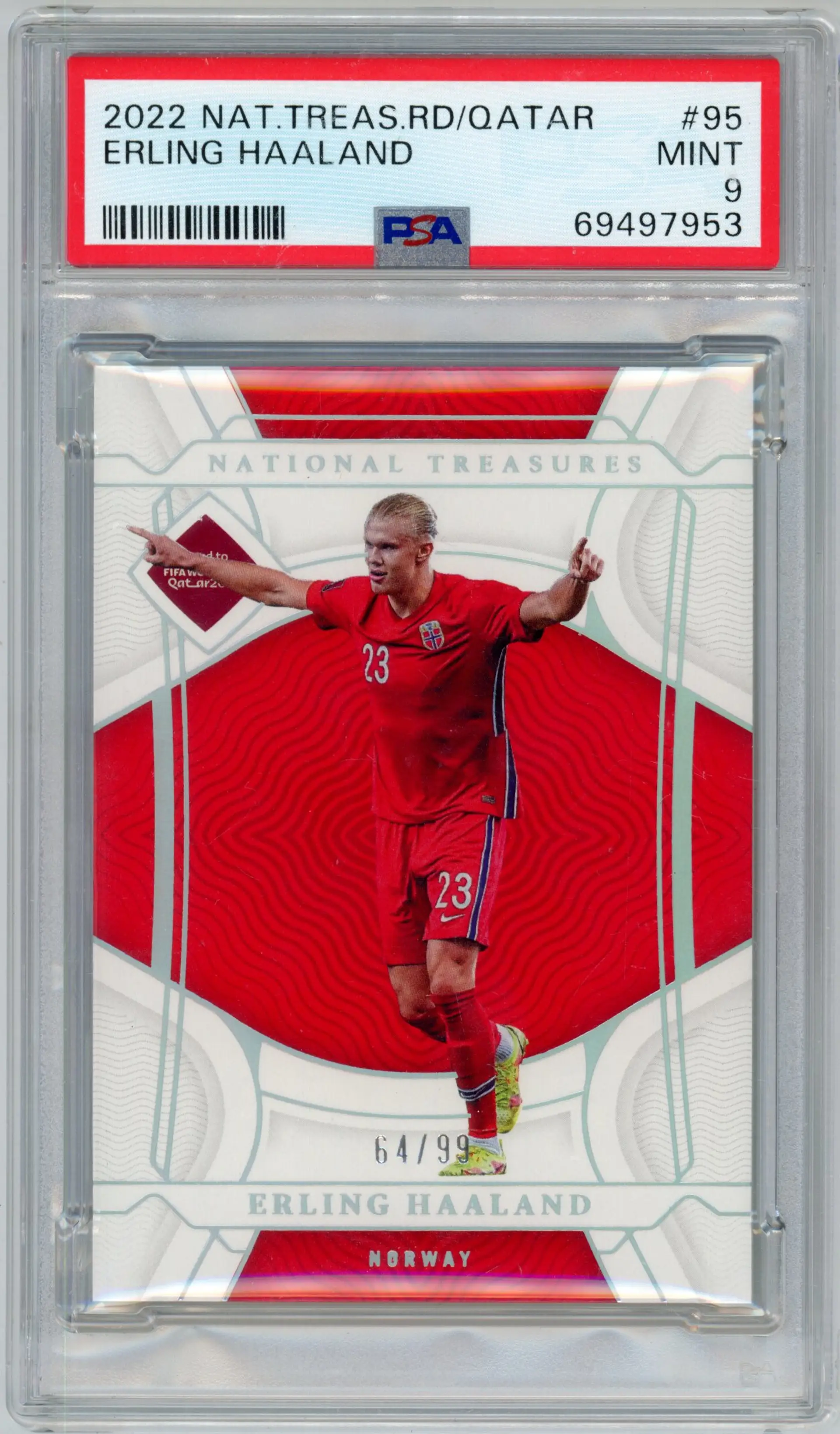2022 National Treasures Qatar ERLING HAALAND /99 SP #95 NORWAY PSA 9 MINT