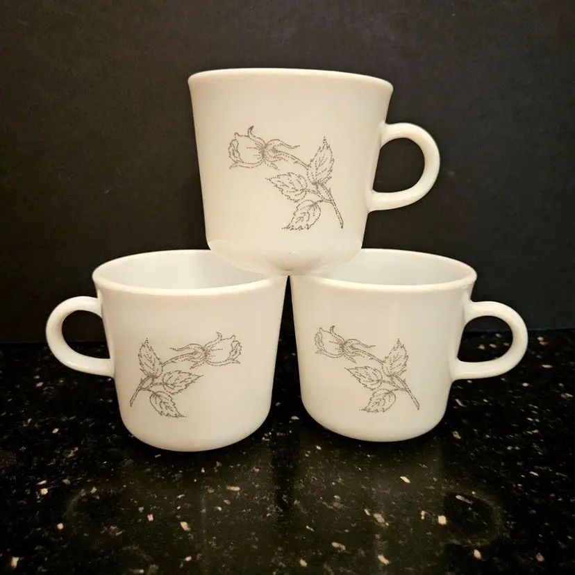Corning Ware Silver Gray Rose Cups Mugs Solitary Pattern Lot of 3 Vintage Retro