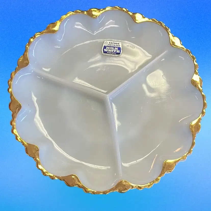 Anchor Hocking 9.5” Milk Glass Gold Trimmed Divided Dish