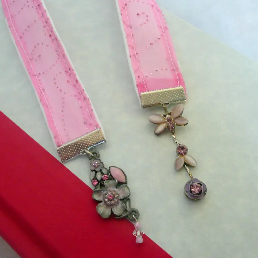 Pink Ribbon Bookmark with Enamel Flower, Rhinestone Butterfly Dangle Charms Repurposed Broken Jewelry 10.5"