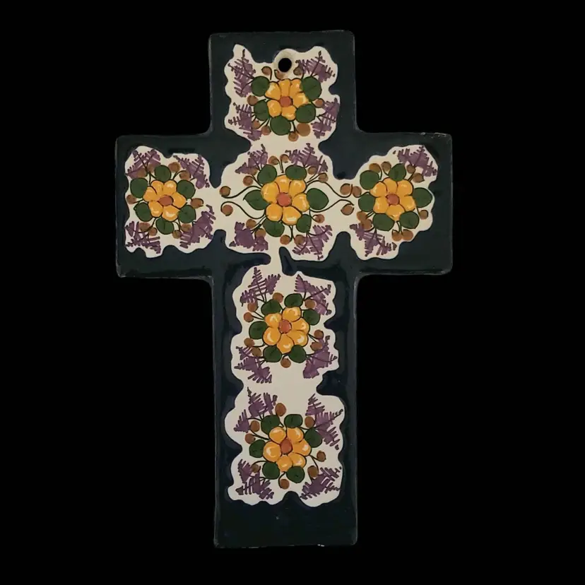 Mexican Folk Art Floral Cross Talavera Pottery Wall Hanging 8” Long Signed Vintage
