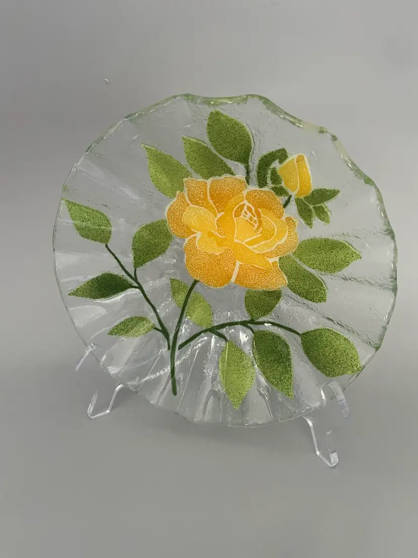 SYDENSTRICKER Fused Art Glass Vintage Round Ruffled Bowl Yellow Rose 8.5”