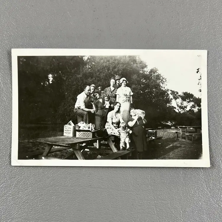 Vintage Prohibition Era Photo Group Camping Picnic Female Beer Moonshine Snapshot 2.75x4.5"