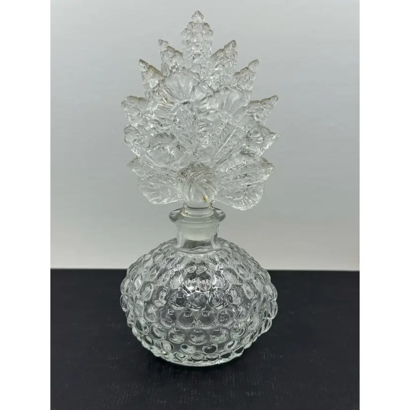 Vintage hobnail glass perfume bottle with a decorative leaf fan stopper, Chips As Seen In Pic