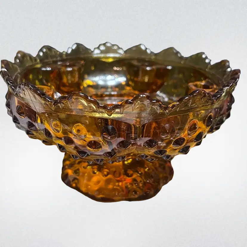 Fenton Art Glass Candle "The Creative Candle Bowl" Centerpiece Bowl Amber Hobnail Patent Mark ~6.5x3.5"