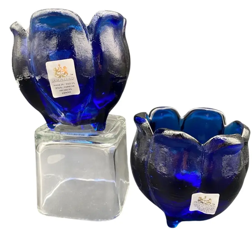 Pair - NEW Design Guild, Spain, Crystal Clear Cobalt Blue Heavy Glass Candle Holders