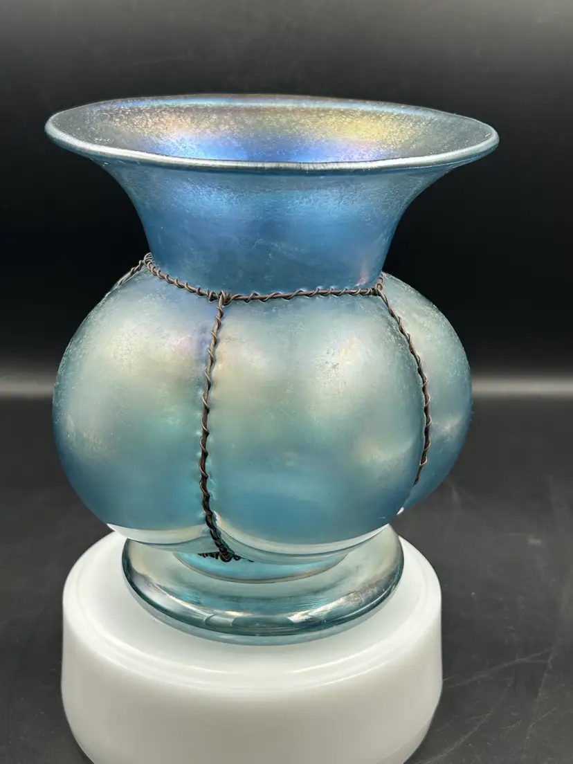 M. Alder Stretch Blue Iridescent Wire Cage Vase Alder house England