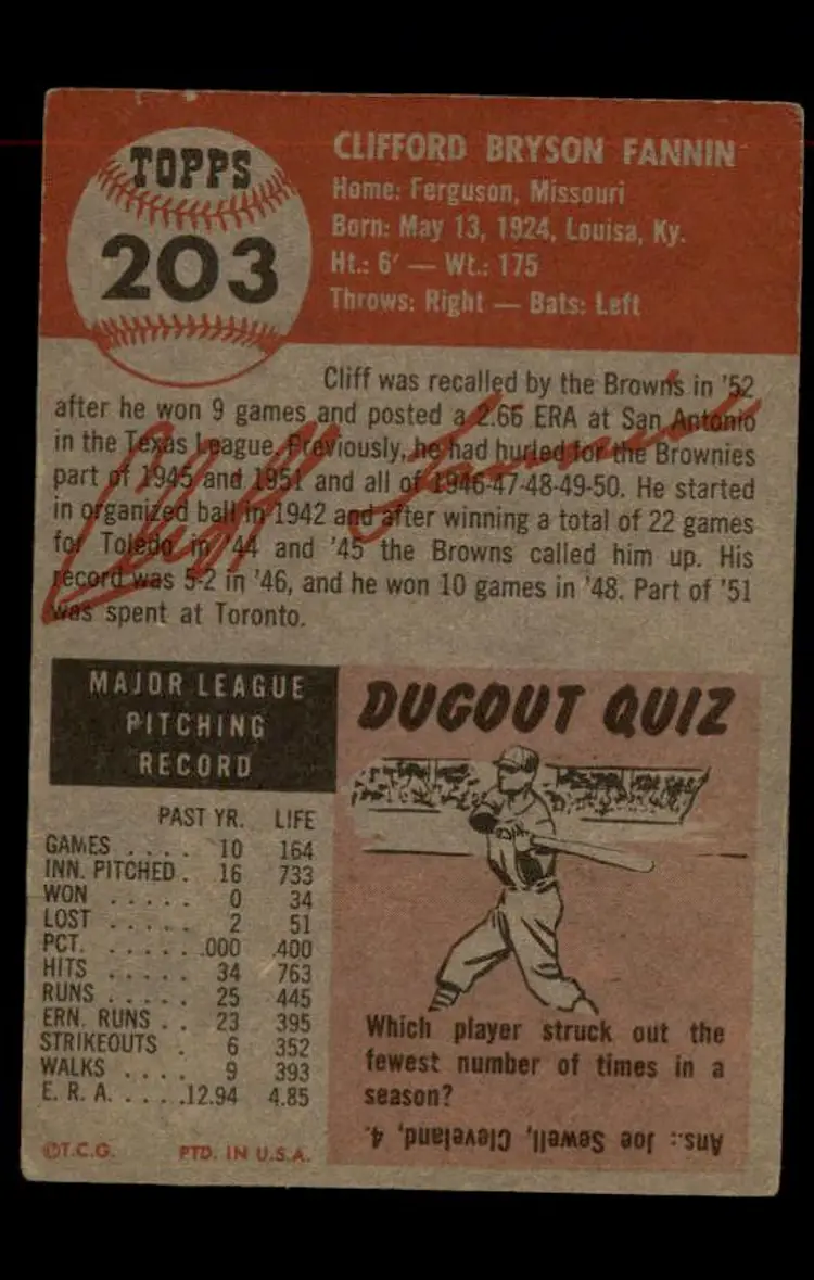 1953 Topps #203 Cliff Fannin - (pk-tl1) - St. Louis Browns