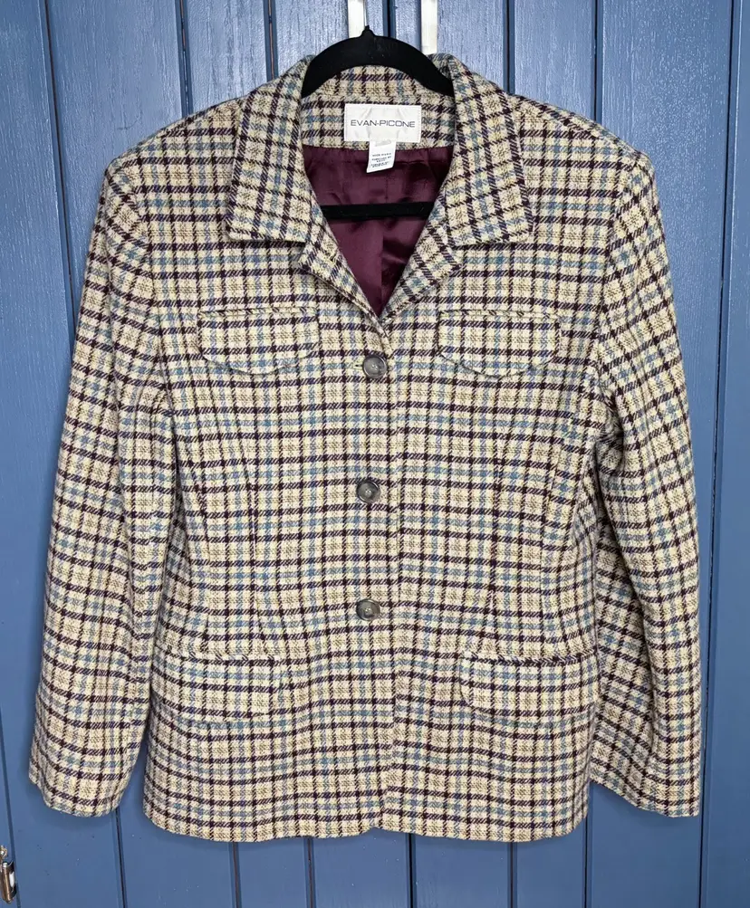 Vintage Evan Picone Pure Wool Plaid Blazer Jacket Size 14 Beige Plum Light Blue
