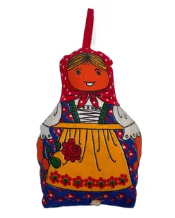 Vintage Fabric Stuffed Girl Doll Christmas Ornament in Bavarian Outfit 7"