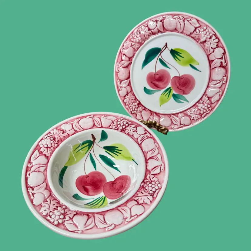 2 Pc | Vintage ITALY Ceramic Small Bowl + Plate, Hand Painted Cherries