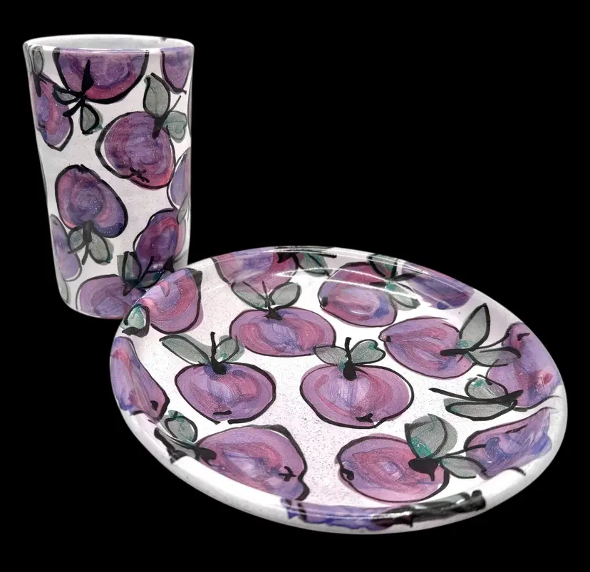 Signed Lea Studio Art Pottery Plate and Tumbler Cup Set Purple Plum Fruit 5.75”