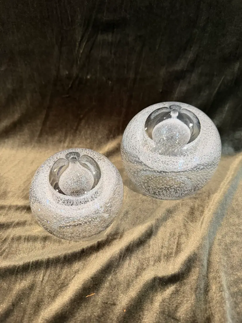 Heavy Clear Art Glass Poland Hand Blown Pair of Controlled Bubble Paperweight, Oil Lamps