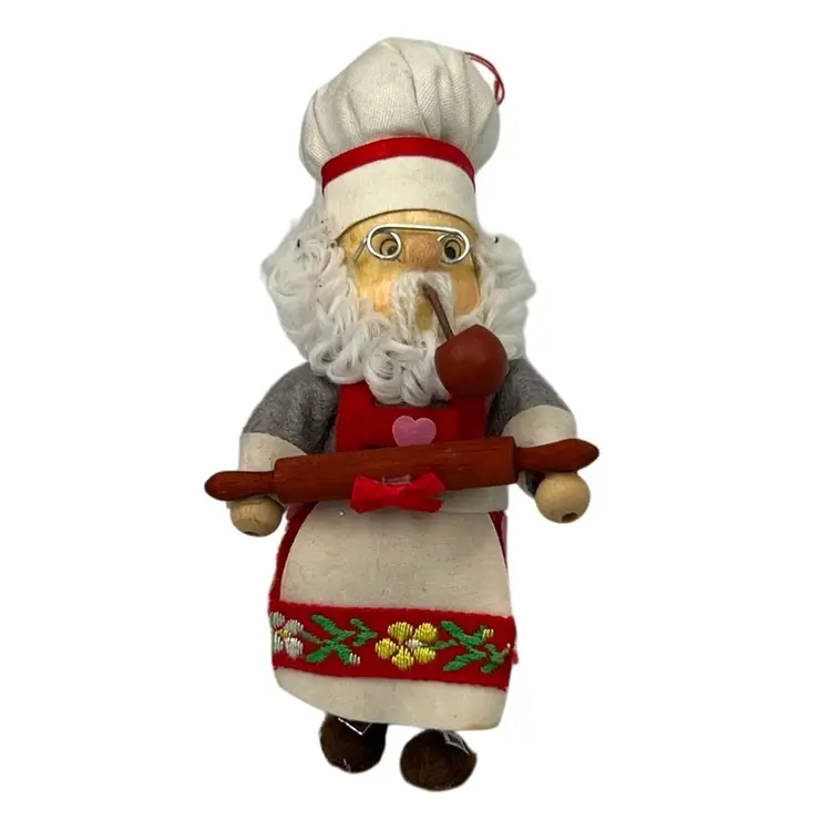 Vintage Santa Chef w a Pipe & Rolling Pin Ornament- 5” Tall