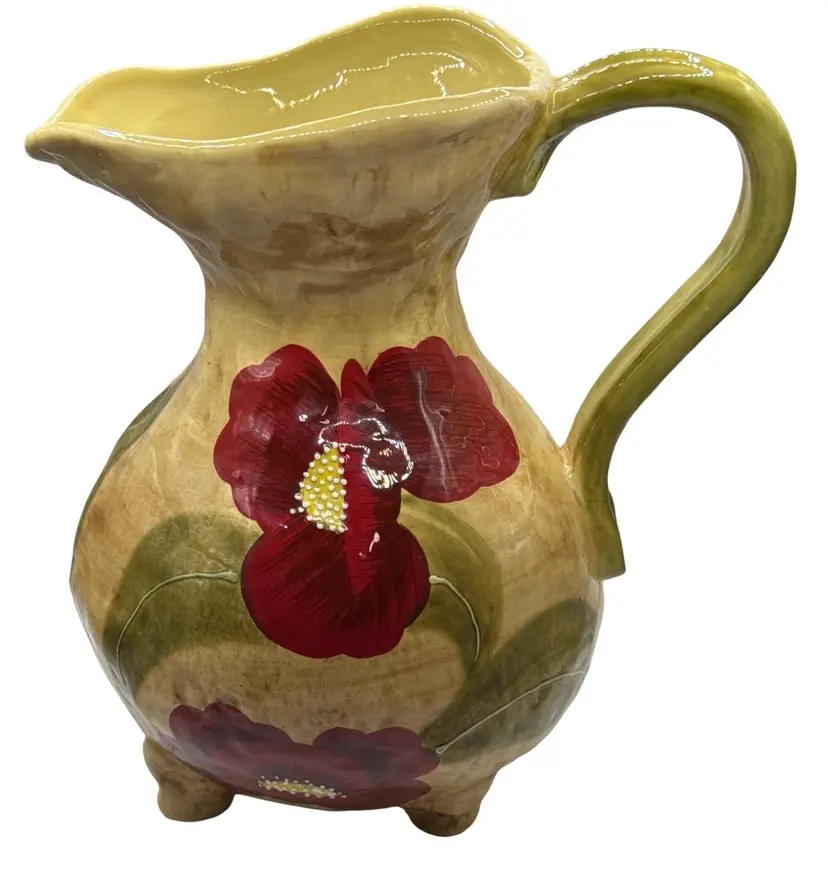 Vintage GiftCraft Oasis Red Poppy Flowers Green Leaves Footed 64 Oz Pitcher