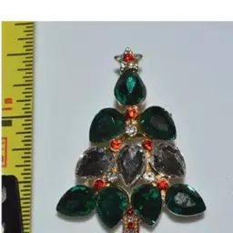 Vintage Gold Tone Green Rhinestone Christmas Tree Brooch
