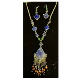 Vintage Tribal Blue Lapis Lazuli Inlaid Fish Necklace And Earring Set