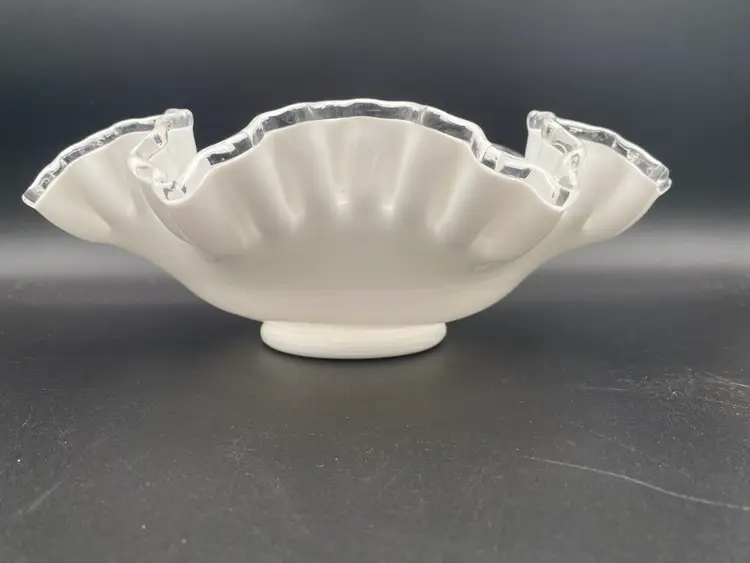 Fenton Silver Crest Vintage Milk Glass w/ Fluted Clear Edges Decorative Bowl