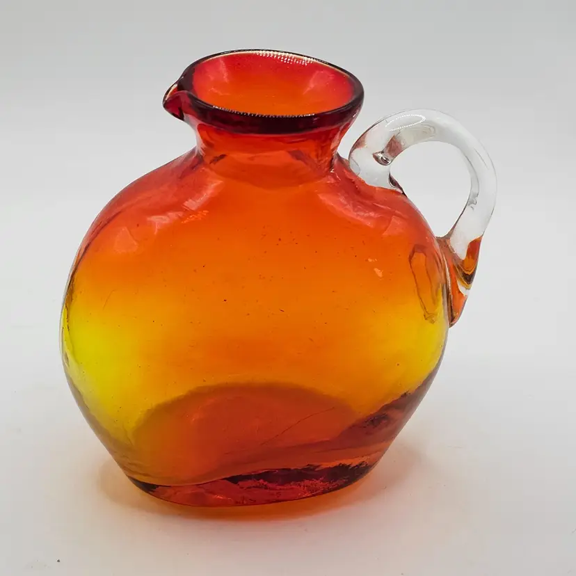 Vintage Amberina Hand Blown Glass Vase Pitcher Creamer With Applied Handle Glows!