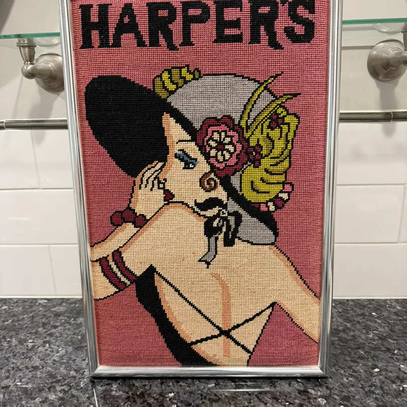 Vintage Art Deco Metal Framed Needlepoint Artwork Harper’s Fashion Magazine