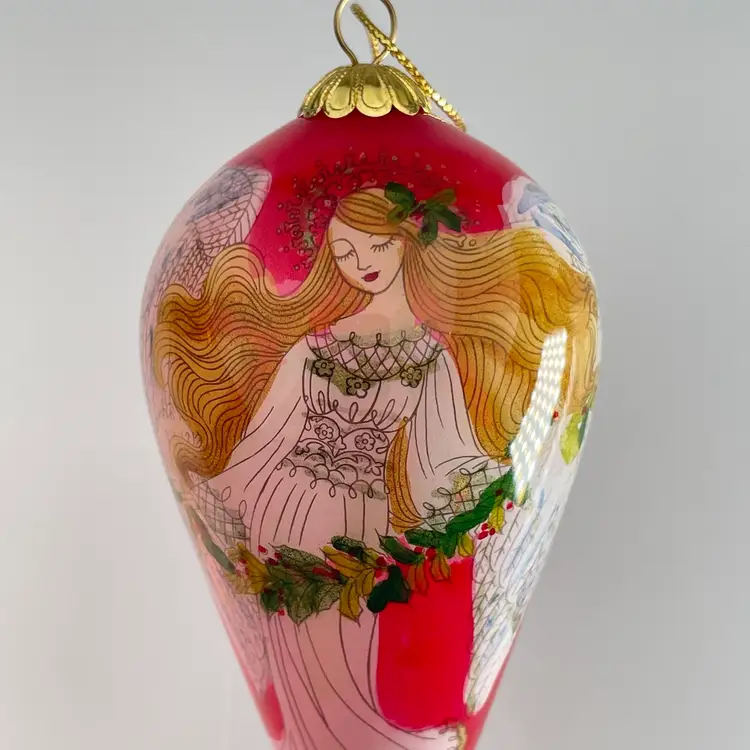 Pier 1 2011 Li Bien Reverse Painted Angel Teardrop Glass Christmas Ornament 4.5"