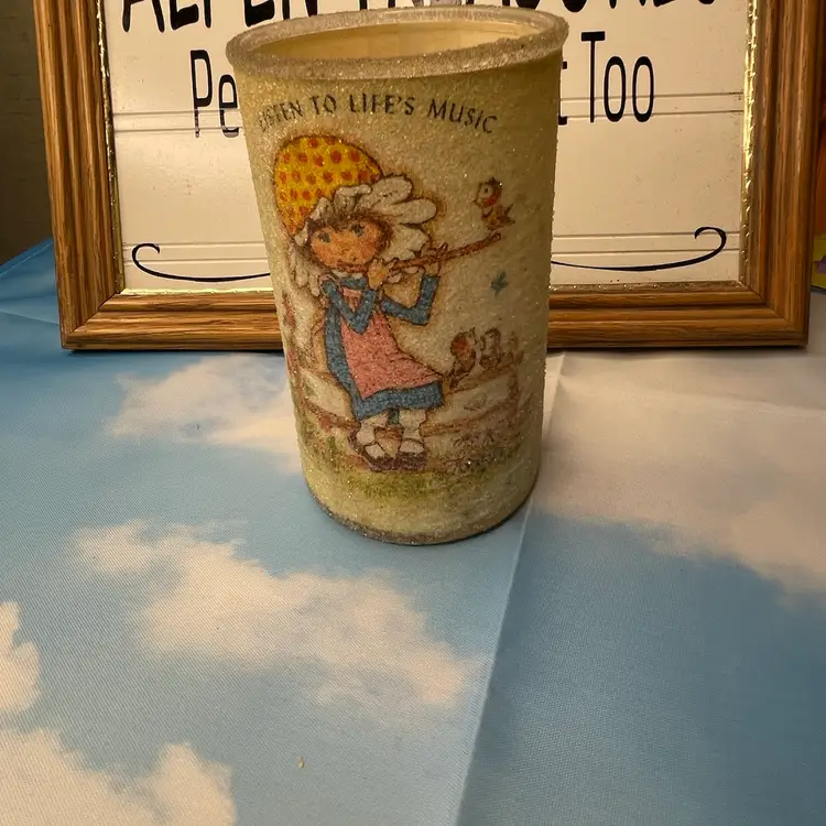 vintage frosted pillar candle Happiness Grows when it's Shared