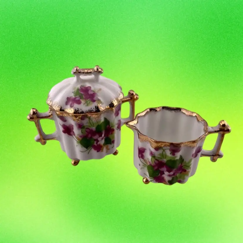 Vintage Porcelain Creamer and Sugar Purple Violet/Pansy Design with Gold Trim