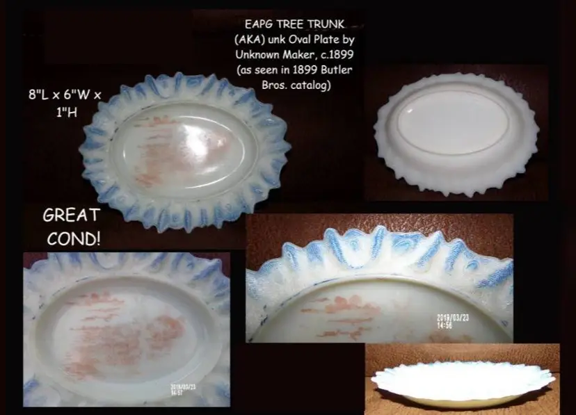 RARE EAPG Tree Trunk Milk Glass Hand Painted Oval Plate/Tray