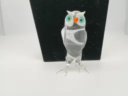 Murano Lampwork Art Glass Miniature Blown Glass Owl Clear and White 3.75"