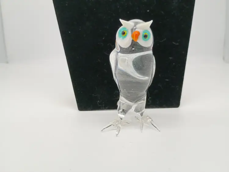Murano Lampwork Art Glass Miniature Blown Glass Owl Clear and White 3.75"