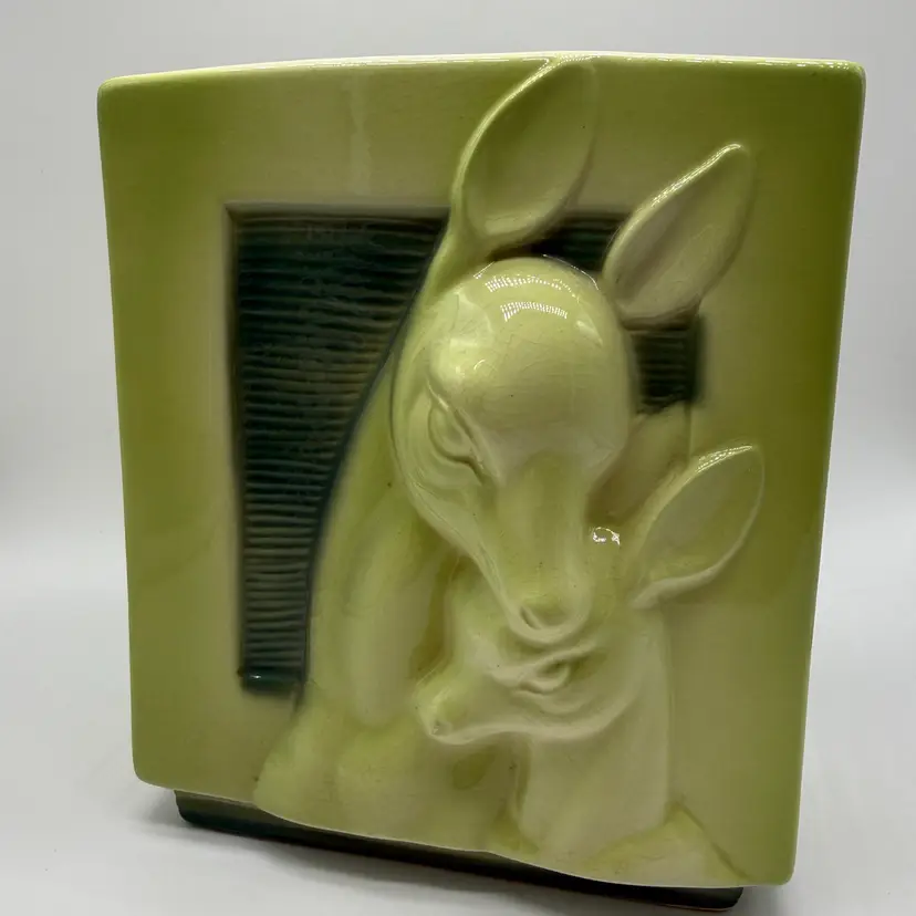 Vintage Royal Copley MCM Green Ceramic Deer And Fawn Vase