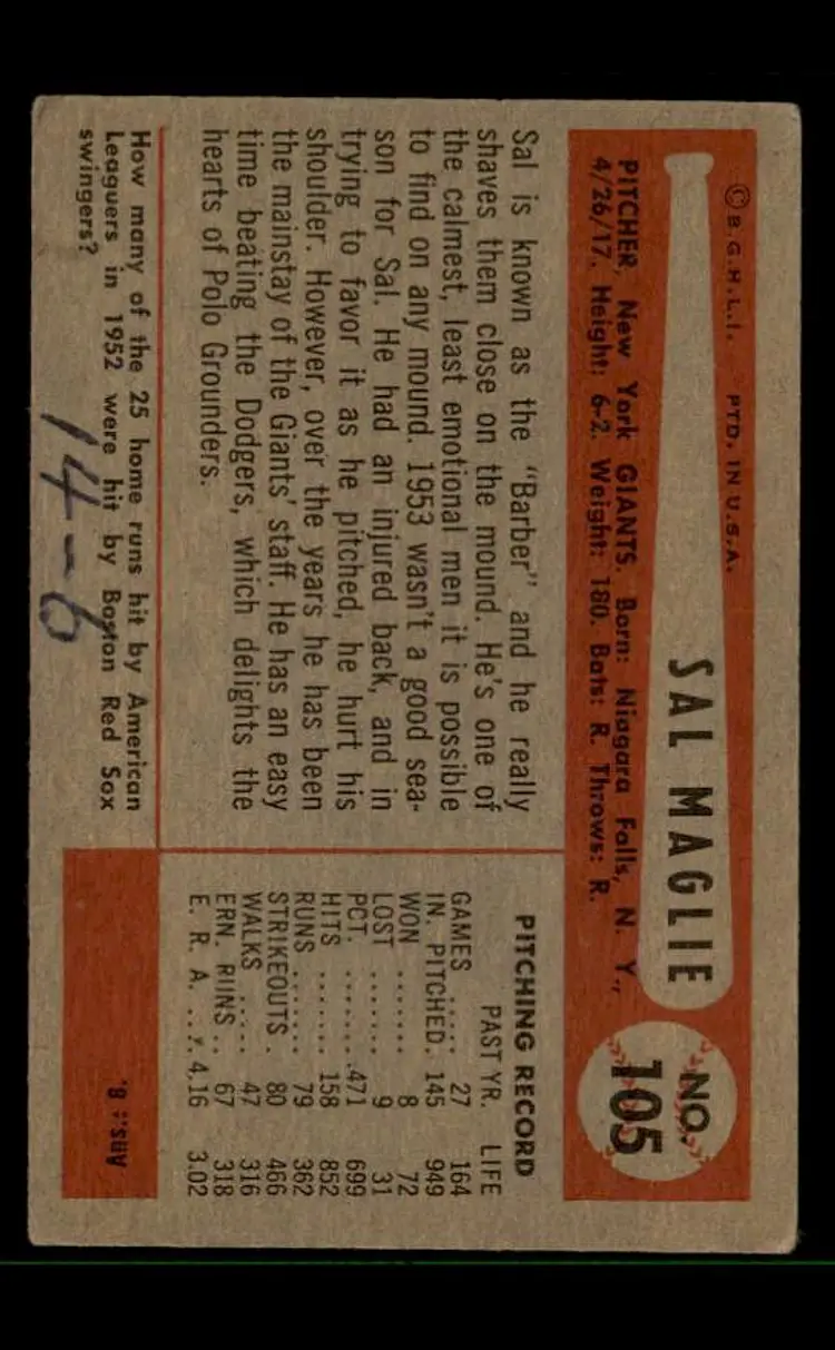 1954 Bowman #105a Sal Maglie - (pk-tl3) - New York Giants