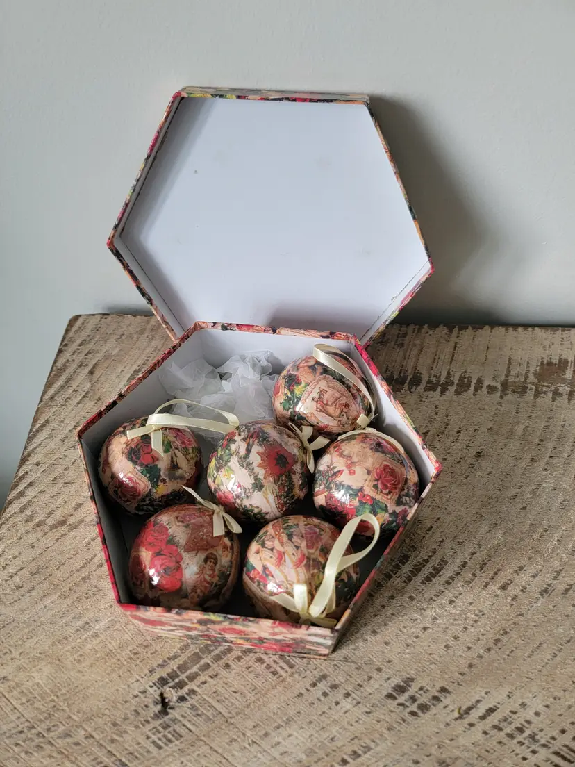 Vintage Decoupage Ornaments In Box