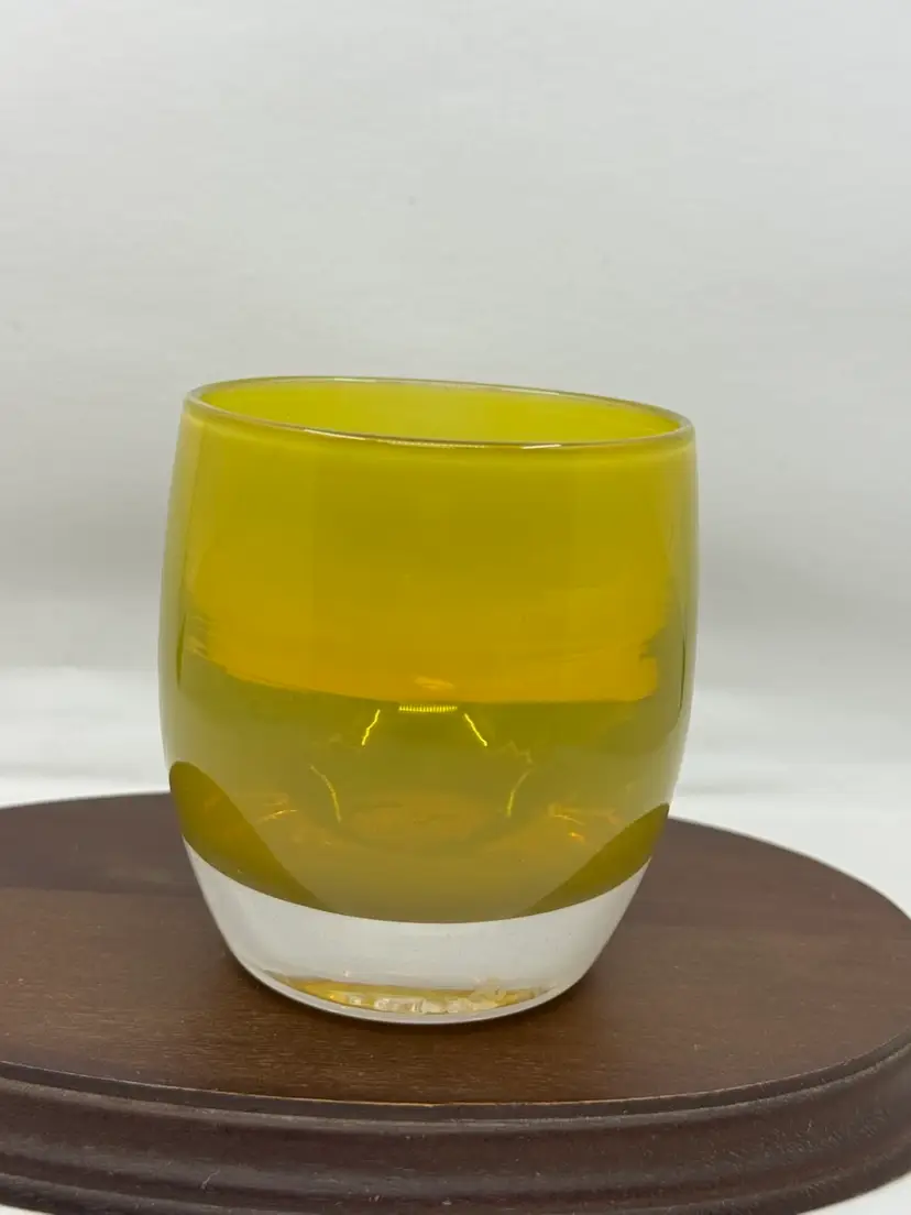 Hand-blown “Come Together” Glassybaby votive candle holder in yellow And PreTriskelion Etching, 3.5”x3”