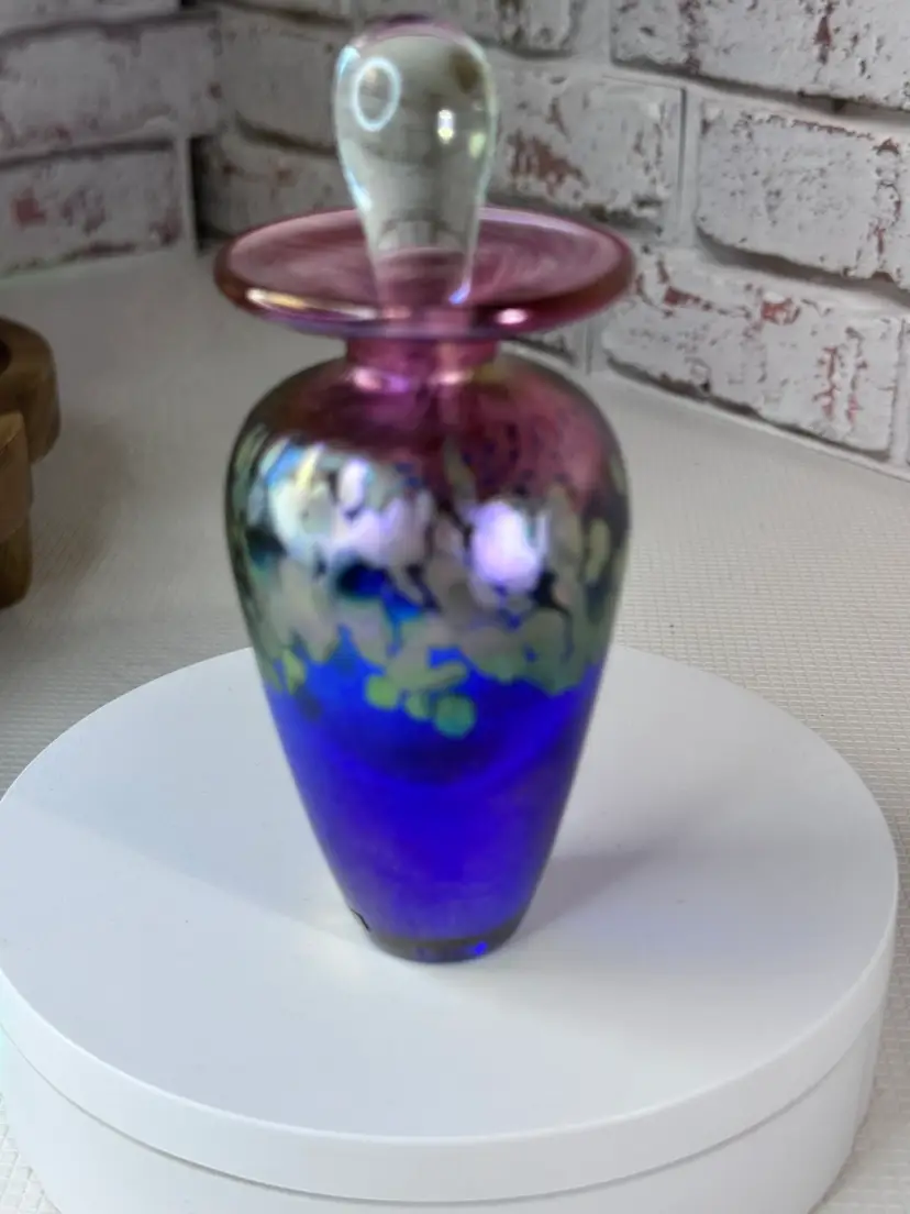 5” SIGNED Stunning Robert Held Pink and Cobalt Blue Iridescent Perfume Bottle