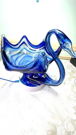 10-1/2” Ozark Glass Swan 🦢 Bowl. Large With Cobalt Blue & Clear Swirled Amazingness! Centerpiece Statement- Holds 20 K-Cups.